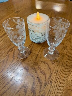 Clear Etched Crystal Wine/Cordial Glasses- Set of 2 Vintage/Rare Stemware